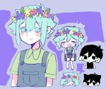  2boys basil_(headspace)_(omori) basil_(omori) black_eyes black_hair blue_overalls blush closed_eyes closed_mouth collared_shirt colored_skin expressionless flower green_eyes green_hair green_shirt head_wreath highres looking_at_viewer multiple_boys omori omori_(omori) open_mouth overall_shorts overalls shii_1_ta shirt short_hair smile white_skin 