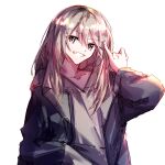  1girl black_jacket drawstring girls_band_cry grey_eyes grey_hoodie grin hand_up hibioes highres hood hoodie jacket kawaragi_momoka light_brown_hair long_hair open_clothes open_jacket pinky_out simple_background smile solo upper_body white_background 