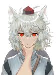  1girl 1other anger_vein animal_ear_fluff animal_ears arms_at_sides commentary_request detached_sleeves face_grab face_squeeze fang floating_hair grey_hair hair_between_eyes hand_on_another&#039;s_face harapan-kun hat highres inubashiri_momiji medium_hair parted_lips pov pov_hands red_eyes shield shield_on_back simple_background slit_pupils solo_focus squeezing_cheeks squishing straight-on tokin_hat touhou upper_body white_background wolf_ears 