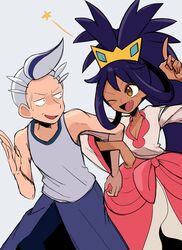  1girl brown_eyes dark-skinned_female dark_skin drayton_(pokemon) fang grey_background grey_hair highres iris_(pokemon) locked_arms nam_(namart76) nervous_smile one_eye_closed pokemon pokemon_bw2 pokemon_sv purple_hair shirt sleeveless sleeveless_shirt smile star_(symbol) wide_sleeves 