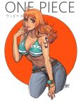  1girl 2016 arm_tattoo bare_shoulders bikini bikini_top_only bracelet commentary denim english_text japanese_flag jeans jewelry log_pose long_hair looking_at_viewer midriff nami_(one_piece) navel one_piece orange_hair pants sedhayu_ardian signature solo swimsuit tattoo teeth translation_request 
