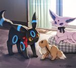  all_fours alternate_color artist_name black_fur black_ribbon black_tail blue_fur brown_eyes brown_fur brown_tail colored_sclera eevee espeon evolutionary_line extra_tails forehead_jewel highres indoors kaminokefusa light looking_at_another looking_down no_humans pokemon pokemon_(creature) purple_fur purple_sclera purple_tail red_ribbon ribbon shiny_pokemon two-tone_fur umbreon violet_eyes wooden_floor yellow_sclera 