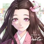  1girl brown_hair commentary_request dated floral_background forehead hair_ribbon japanese_clothes kamado_nezuko kimetsu_no_yaiba kimono light_smile mito_amatsu pink_hair pink_kimono portrait ribbon signature solo 