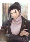  1boy beard_stubble black_coat black_hair blue_eyes blue_skin blurry blurry_background chinese_commentary coat collared_coat colored_skin commentary_request crossed_arms earrings facial_hair hair_bun highres holostars holostars_english jewelry josuiji_shinri josuiji_shinri_(2nd_costume) lapels long_sleeves looking_at_viewer multicolored_skin official_alternate_costume official_alternate_hairstyle pochii1114 smile stubble sweater turtleneck turtleneck_sweater upper_body viewfinder virtual_youtuber white_sweater 
