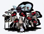  1girl 6+others battering_lento bodysuit drone fish fish_skeleton floating highres jelleton kkk_bg000 marching_andante mask multiple_others non-humanoid_robot order_shot_(splatoon) parallel_canon pearl_drone_(splatoon) red_eyes robot simple_background sleeveless sleeveless_bodysuit splatoon_(series) splatoon_3 splatoon_3:_side_order swarming_languendo white_background white_bodysuit 