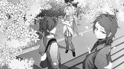  3boys alternate_costume bag closed_mouth commentary_request crossdressing greyscale harada_minoru hatsutori_hajime highres jacket long_hair long_sleeves male_focus monochrome multiple_boys open_clothes open_jacket otoko_no_ko outdoors pants pants_under_skirt parted_bangs pink_hair pleated_skirt ponytail saibou_shinkyoku scarf short_hair shoulder_bag skirt smile sweater turtleneck turtleneck_sweater utsugi_noriyuki vest ynball 