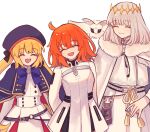  1boy 2girls :d ^_^ ahoge artoria_caster_(fate) artoria_caster_(second_ascension)_(fate) artoria_pendragon_(fate) belt blanca_(fate) blonde_hair blue_belt blue_cape blue_hat bug cape closed_eyes closed_mouth diamond_hairband dress fate/grand_order fate_(series) fujimaru_ritsuka_(female) fujimaru_ritsuka_(female)_(decisive_battle_chaldea_uniform) fur-trimmed_cape fur_trim grey_hair hairband hat highres koromo_(osakana0525) long_hair long_sleeves medium_hair moth multiple_girls o-ring o-ring_belt oberon_(fate) open_mouth oversized_insect pouch robe smile tassel twintails white_cape white_dress white_robe yellow_hairband 