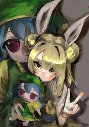  2girls blonde_hair blue_hair blush closed_mouth double_bun fumo_(doll) green_hat grey_background hair_bun hair_intakes hair_ribbon haniwa_kue haniyasushin_keiki hat head_scarf highres joutouguu_mayumi long_hair looking_at_viewer multiple_girls red_eyes ribbon short_hair touhou v white_ribbon 