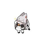  1girl :&lt; adjusting_eyewear akichi_360 animal_ears black_coat black_footwear blush cat_ears cat_girl cat_tail chibi coat dress facing_viewer full_body furrowed_brow glasses glint grey_hair hair_ornament highres long_hair long_sleeves nora_cat nora_cat_channel one_side_up pantyhose simple_background sleeves_past_fingers sleeves_past_wrists solo standing tail tail_wagging virtual_youtuber white_background white_dress white_pantyhose 