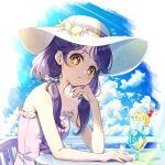  1girl bare_shoulders blue_sky bow chair clouds cloudy_sky commentary_request day dress drinking_straw elbow_rest frilled_dress frills glass hair_bow hair_over_shoulder hat highres horizon jewelry long_hair looking_at_viewer low_twintails ocean orange_eyes outdoors parted_lips partial_commentary precure purple_hair rice_rabbit22 ring shell_hat_ornament sitting sky solo strapless strapless_dress sun_hat sundress sunlight suzumura_sango table tropical-rouge!_precure twintails white_hat 