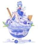  1girl absurdres barefoot blue_bow blue_bowtie blue_dress blue_eyes blue_hair blue_skirt blueberry bow bowtie character_name cirno dress fairy_wings food fruit hair_ornament highres ice ice_cream ice_wings leaf looking_at_viewer no_shoes no_socks puffy_sleeves red_bow red_bowtie short_hair short_sleeves simple_background skirt smile solo sundae touhou waffle white_background wings 