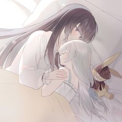  2girls age_difference aged_down bare_arms bare_shoulders bed blue_ribbon blunt_bangs closed_eyes closed_mouth collared_shirt couple cover frilled_sleeves frills from_above from_side grey_background hair_between_eyes hair_ribbon hand_on_another&#039;s_shoulder head_on_pillow highres homu_(honkai_impact) honkai_(series) honkai_impact_3rd hug indoors kiana_kaslana light_blush light_smile long_hair long_sleeves looking_down lying multiple_girls on_bed on_side pillow purple_hair raiden_mei ribbon shade shirt shiyoi sleeping sleeveless stuffed_toy violet_eyes white_hair white_shirt yuri 