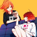  2girls akroglam black_shirt cava_(akroglam) commentary_request couch cup drinking_glass hand_up highres holding holding_cup knees_up long_hair looking_at_another multicolored_hair multiple_girls nail_polish official_art on_couch open_mouth orange_hair profile red_nails redhead second-party_source shirt short_hair short_sleeves sitting smile spitha t-shirt white_shirt yellow_background 