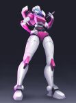  1girl arcee backpack bag blue_eyes glowing glowing_eyes hand_on_own_hip highres humanoid_robot mrgoogone no_humans panties pink_lips pink_panties robot robot_girl solo transformers transformers:_generation_1 underwear 