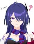  1girl 5fhlqdpjm567575 absurdres acheron_(honkai:_star_rail) bare_shoulders commentary confused cosplay hair_ornament hair_over_one_eye highres honkai:_star_rail honkai_(series) long_hair looking_at_viewer neck neckerchief portrait purple_hair purple_neckerchief seele_(honkai:_star_rail) solo violet_eyes white_background 