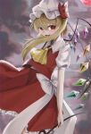  1girl ascot blonde_hair cowboy_shot crystal_wings dress flandre_scarlet highres laevatein_(touhou) mek0_a puffy_short_sleeves puffy_sleeves red_dress red_eyes red_ribbon ribbon short_sleeves side_ponytail solo touhou white_mob_cap white_ribbon yellow_ascot 