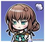  1girl anger_vein angry aqua_bow blue_background blush border bow braid brown_hair commentary deformed duvalie eiyuu_densetsu english_commentary gradient_background hair_between_eyes medium_hair outside_border pout puff_of_air sen_no_kiseki sen_no_kiseki_iv simple_background solo thaumana upper_body v-shaped_eyebrows white_border 