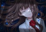  1girl :| ascot blue_background brown_hair character_name closed_eyes closed_mouth collared_shirt copyright_name flower highres holding holding_flower ib_(ib) ib_(kouri) long_hair maguro_(user_wkzy3374) petals portrait red_ascot red_flower red_rose rose shirt solo tears white_shirt 
