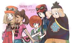  2girls 3boys :d :o anniversary arms_behind_head bag brown_hair calem_(pokemon) closed_eyes closed_mouth collared_shirt commentary_request copyright_name dated eyelashes eyewear_on_headwear green_eyes grey_eyes hat highres holding jacket looking_down multiple_boys multiple_girls open_mouth pleated_skirt pokemon pokemon_xy print_shirt red_hat red_skirt serena_(pokemon) shauna_(pokemon) shirt short_sleeves shorts skirt sleeveless sleeveless_shirt smile sunglasses t-shirt teeth tierno_(pokemon) trevor_(pokemon) upper_teeth_only vest watta02614129 