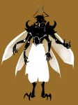  1boy animal_feet antennae arthropod_boy arthropod_limbs au_ra baggy_pants blank_eyes brown_background claws extra_arms final_fantasy final_fantasy_xiv full_body hands_up highres insect_wings looking_at_viewer low_horns male_focus monster_boy no_lineart pants robodumpling short_hair simple_background solo standing topless_male warrior_of_light_(ff14) white_pants wings 