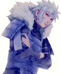  1boy closed_mouth commentary cowboy_shot crossed_arms english_commentary facial_mark forehead_protector fur_collar fur_trim long_sleeves male_focus naruto naruto_(series) red_eyes senju_tobirama short_hair simple_background solo spiky_hair subuta_(butabutasubuta) white_background white_hair 