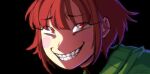  1boy black_background blush brown_hair chara_(undertale) crossover evil_grin evil_smile green_sweater grin highres jujutsu_kaisen red_eyes robieart smile sweater undertale 