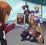  2girls 4boys blue_hair blurry blush brown_hair depth_of_field duel_academy_uniform_(yu-gi-oh!_gx) glasses group_picture hair_between_eyes holding holding_tablet_pc long_hair long_sleeves manjoume_jun marufuji_sho meme multicolored_hair multiple_boys multiple_girls narcissism open_mouth p5naq_pv saotome_rei selfie selfie_prank_(meme) short_hair smile sparkle tablet_pc taking_picture tenjouin_asuka two-tone_hair tyranno_kenzan v you&#039;re_doing_it_wrong yu-gi-oh! yu-gi-oh!_gx yubel yuki_judai 