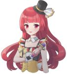  1girl :d bad_id bad_twitter_id blunt_bangs corset cropped_torso detached_collar hat highres hojo_sophy holding holding_microphone idol_clothes inactive_account long_hair looking_at_viewer microphone mini_hat mini_top_hat open_mouth pretty_series pripara red_eyes redhead shiyurinpu simple_background smile solo tilted_headwear top_hat upper_body white_background 