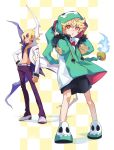  2boys akutare_(disgaea) belt black_shorts blonde_hair blue_fire bow bowtie child demon_boy disgaea emizel_(disgaea) fire full_body green_hoodie hair_between_eyes hood hoodie issa_(sorako45) jewelry legs long_sleeves makai_senki_disgaea_4 male_focus multiple_boys necklace pants pointy_ears red_bow red_bowtie red_eyes shoes short_hair shorts smile violet_eyes 