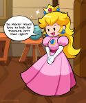  1girl artist_name blonde_hair brooch crown dress earrings elbow_gloves english_text gloves highres indoors jewelry long_dress long_hair looking_at_viewer open_mouth paper_mario paper_mario:_the_thousand_year_door pink_dress princess_peach puffy_short_sleeves puffy_sleeves short_sleeves solo speech_bubble sphere_earrings super_mario_bros. vinny_(dingitydingus) white_gloves 