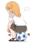  ... 1girl absurdres ass ball flat_chest hair_between_eyes highres idolmaster idolmaster_cinderella_girls idolmaster_cinderella_girls_u149 korean_commentary looking_afar medium_hair motion_lines orange_hair pelican_(s030) sandals shorts sidelocks simple_background sitting sitting_on_object soccer_ball solo violet_eyes white_background yuuki_haru 