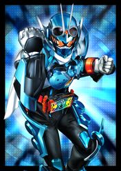  1boy antennae armor black_bodysuit blue_armor bodysuit clenched_hands driver_(kamen_rider) feet_out_of_frame gloves glowing glowing_eyes goggles goggles_on_head gotcha_driver highres kamen_rider kamen_rider_gotchard kamen_rider_gotchard_(series) looking_at_viewer male_focus masukudo_(hamamoto_hikaru) orange_eyes rider_belt scarf solo steam_hopper tokusatsu white_gloves white_scarf yellow_eyes 