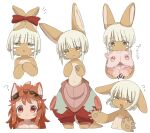  1girl 1other :o ? androgynous animal_ears blush body_fur brown_fur colored_eyelashes ear_ribbon flying_sweatdrops furry furry_female goggles goggles_on_head hand_up highres holding jitome looking_up made_in_abyss mitty_(made_in_abyss) mitty_(made_in_abyss)_(furry) multiple_views nanachi_(made_in_abyss) other_focus outstretched_arms pants pink_fur pouch puffy_pants rabbit_ears red_pants red_ribbon redhead ribbon short_hair sidelocks simple_background spread_arms tail uis0 whiskers white_background white_hair yellow_eyes 