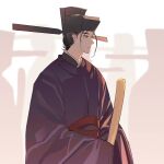  1boy black_hair blue_eyes chinese_clothes closed_mouth futou hand_fan hanfu hat highres holding huban long_sleeves male_focus original sleeves_past_fingers sleeves_past_wrists solo wide_sleeves yuanlingshan yueyuede_nangua 