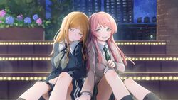  2girls absurdres bang_dream! bang_dream!_it's_mygo!!!!! black_socks blue_flower blue_skirt blush brh brown_hair building chihaya_anon chinese_commentary city closed_mouth collared_shirt commentary_request flower green_necktie grey_eyes grey_jacket grey_neckerchief haneoka_school_uniform highres jacket long_hair long_sleeves multiple_girls nagasaki_soyo neckerchief necktie night open_mouth outdoors pink_flower pink_hair pleated_skirt real_world_location sailor_collar school_uniform shirt sitting skirt smile socks tearing_up tears tokyo_(city) toshima_(tokyo) tsukinomori_school_uniform white_sailor_collar white_shirt 