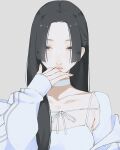  1girl black_eyes black_hair blunt_bangs choker collarbone dress grey_background hand_to_own_mouth long_hair looking_at_viewer original simple_background solo toffee_paint very_long_hair white_choker white_dress 