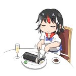  1girl black_hair closed_eyes closed_mouth commentary_request cone_horns cup drinking_glass ehoumaki food fork grey_horns holding holding_fork holding_knife horns kijin_seija knife light_blush makizushi multicolored_hair on_chair redhead setsubun short_sleeves sitting small_horns smile solo streaked_hair sushi table touhou unachika white_hair you&#039;re_doing_it_wrong 