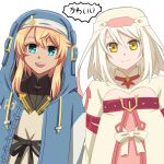 2girls alice_(tales) androgyne_symbol blonde_hair bridget_(guilty_gear) crossover female_focus green_eyes guilty_gear guilty_gear_strive habit hood hood_up hooded_jacket hoodie jacket long_sleeves looking_at_viewer medium_hair open_clothes open_hoodie open_mouth short_hair smile tales_of_(series) tales_of_symphonia tales_of_symphonia_knight_of_ratatosk tondabayashi_koori white_hair yellow_eyes