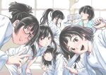 6+girls :d bandaged_fingers bandages belt black_hair bottle commentary_request drinking glasses high_ponytail holding holding_bottle indoors judo long_hair looking_at_viewer multiple_girls muraoka_yuu original short_hair smile teeth twintails upper_teeth_only white_belt white_theme window 