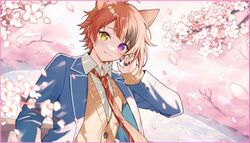  1boy animal_ears arm_at_side asymmetrical_hair bishounen black_nails blue_jacket blurry border brown_sweater cat_ears cherry_blossoms collar collared_shirt cosplay dappled_sunlight day depth_of_field dot_nose extra_ears falling_petals flower foliage hand_up heterochromia himemiya_tori himemiya_tori_(cosplay) jacket layered_clothes layered_sleeves light_blush light_smile male_focus nail_polish necktie open_collar outdoors petals pink_border pink_flower red_necktie rinu_(stpri) sakuro school_uniform shirt short_hair sideways_glance sleeves_past_wrists solo strawberry_prince sunlight sweater sweater_under_jacket upper_body violet_eyes white_collar white_shirt wings yellow_eyes yumenosaki_school_uniform 