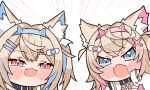  2girls angry animal_ear_fluff animal_ears bandaid bandaid_hair_ornament blonde_hair blue_eyes blue_hairband blush_stickers chibi collar crossed_bangs dog_ears dog_girl double-parted_bangs emphasis_lines fangs fuwawa_abyssgard hair_ornament hairband hairclip headphones highres hololive kukie-nyan looking_at_viewer meme mococo_abyssgard multicolored_hair multiple_girls no_nose open_mouth pink_eyes pink_hairband simple_background skin_fangs smug streaked_hair v-shaped_eyebrows virtual_youtuber white_background x_hair_ornament 