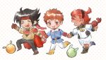  1girl 2boys amuro_ray asticassia_school_uniform black_hair blush brown_hair cape chibi closed_mouth domon_kasshu earth_federation g_gundam gloves gundam gundam_suisei_no_majo haro headband highres holding_hands jacket military_uniform mobile_suit_gundam multiple_boys red_headband redhead robot scar school_uniform short_hair smile suletta_mercury thick_eyebrows uniform zasha_(zashache) 