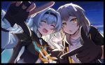  2girls :d absurdres black_gloves black_hairband black_jacket closed_eyes coat collared_shirt cropped_jacket dh_jiangjiang fingerless_gloves firefly_(honkai:_star_rail) gloves grey_hair hair_between_eyes hairband highres honkai:_star_rail honkai_(series) jacket long_hair long_sleeves looking_at_viewer multiple_girls neckerchief orange_neckerchief shirt smile star_(sky) stelle_(honkai:_star_rail) trailblazer_(honkai:_star_rail) upper_body white_shirt yellow_eyes 