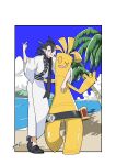  1boy 99akt1031 absurdres arm_around_neck black_footwear black_hair black_scarf clouds day gholdengo grimsley_(pokemon) highres japanese_clothes kimono looking_at_viewer male_focus open_mouth outdoors palm_tree pointy_hair pokemon pokemon_(creature) pokemon_sm sand scarf shoes shore sky smile standing tree water white_kimono 