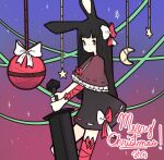  1girl animal_ears black_dress black_hair blunt_bangs bow capelet christmas_ornaments closed_mouth commentary crescent dress feet_out_of_frame frilled_capelet frills gradient_background greatsword hair_bow heavyblade_rabbit highres holding holding_sword holding_weapon long_hair looking_at_viewer medium_bangs mino_dev purple_background purple_capelet rabbit_and_steel rabbit_ears rabbit_girl red_background red_eyes ribbon-trimmed_capelet smile solo star_(symbol) sword symbol-only_commentary thick_eyebrows weapon white_bow 