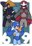  3boys alternate_costume armor artist_name assault_visor bass_(mega_man) black_armor black_helmet blue_bodysuit blue_eyes blue_helmet bodysuit brothers clenched_teeth cowboy_shot cropped_jacket fins grey_bodysuit head_fins highres hood hood_down hooded_jacket jacket male_focus mega_buster mega_man_(character) mega_man_(classic) mega_man_(series) mega_man_day mikhail_kitto multiple_boys number_pun open_mouth proto_man red_eyes red_helmet scarf serious siblings simple_background teeth twitter_username weapon white_background yellow_scarf 