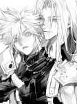  2boys armor bracer cloud_strife expressionless final_fantasy final_fantasy_vii final_fantasy_vii_remake gloves greyscale hand_on_another&#039;s_neck hashtag-only_commentary high_collar highres long_bangs long_hair looking_at_another looking_down male_focus monochrome multiple_boys parted_bangs parted_lips pauldrons sephiroth short_hair shoulder_armor single_pauldron sleeveless sleeveless_sweater sleeveless_turtleneck smile spiky_hair suspenders sweater turtleneck turtleneck_sweater upper_body white_background zhishiwan 