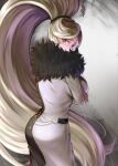  1girl belt blonde_hair breasts dress feather_boa fur_trim heterochromia high_ponytail highres hilda_(under_night_in-birth) large_breasts long_dress long_hair looking_at_viewer multicolored_clothes multicolored_dress ponii ponytail solo two-tone_dress under_night_in-birth very_long_hair 