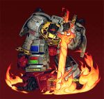  autobot fire flaming_sword flaming_weapon gdtd_tf grimlock helmet highres humanoid_robot insignia mecha no_humans red-framed_eyewear red_background robot science_fiction sword transformers transformers:_generation_1 weapon 