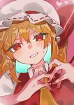  1girl absurdres ascot blonde_hair blush flandre_scarlet heart heart_hands highres open_mouth red_eyes rokka_(rokka937) short_hair side_ponytail solo sweat touhou upper_body white_mouth yellow_ascot 